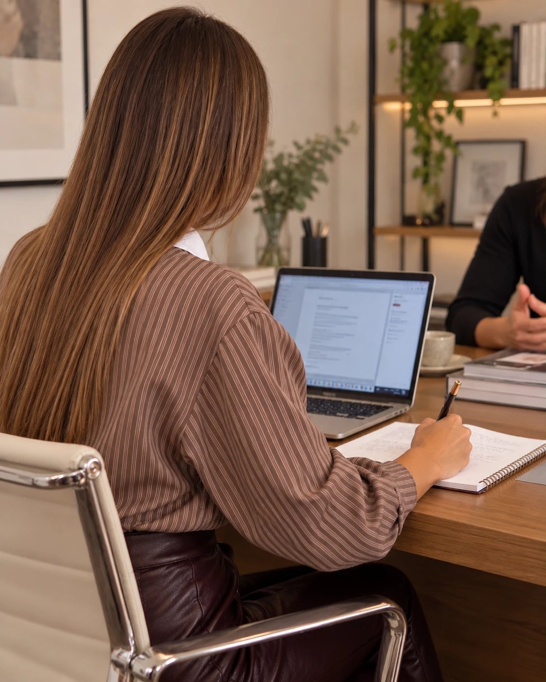 Giovanna Puggioni prende appunti durante un incontro con un cliente nel suo ufficio